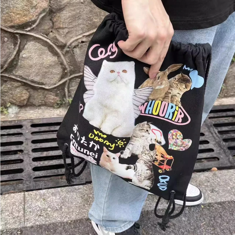 Y2k Aesthetic Casual All Match Backpack Japanese Cartoon Chic Drawstring Schoolbags Women Harajuku Vintage Cat Print Canvas Bags