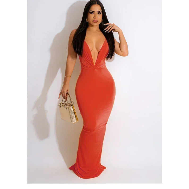 GUWU Tiefem V-ausschnitt Ärmellose Geraffte Backless Bodycon Maxi Lange Party Kleid Sexy Nachtclub Abendkleider Frauen Vestidos