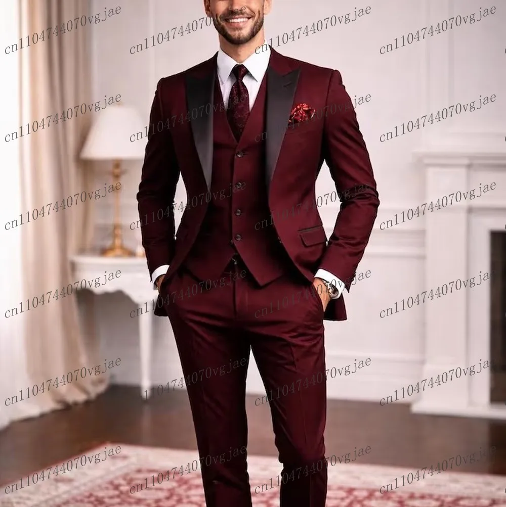 

Black Collar Burgundy Men Suit Formal Groom Groomsman Wedding Party Prom Male Business Tuxedos 3 Piece Set Blazer Vest Pants