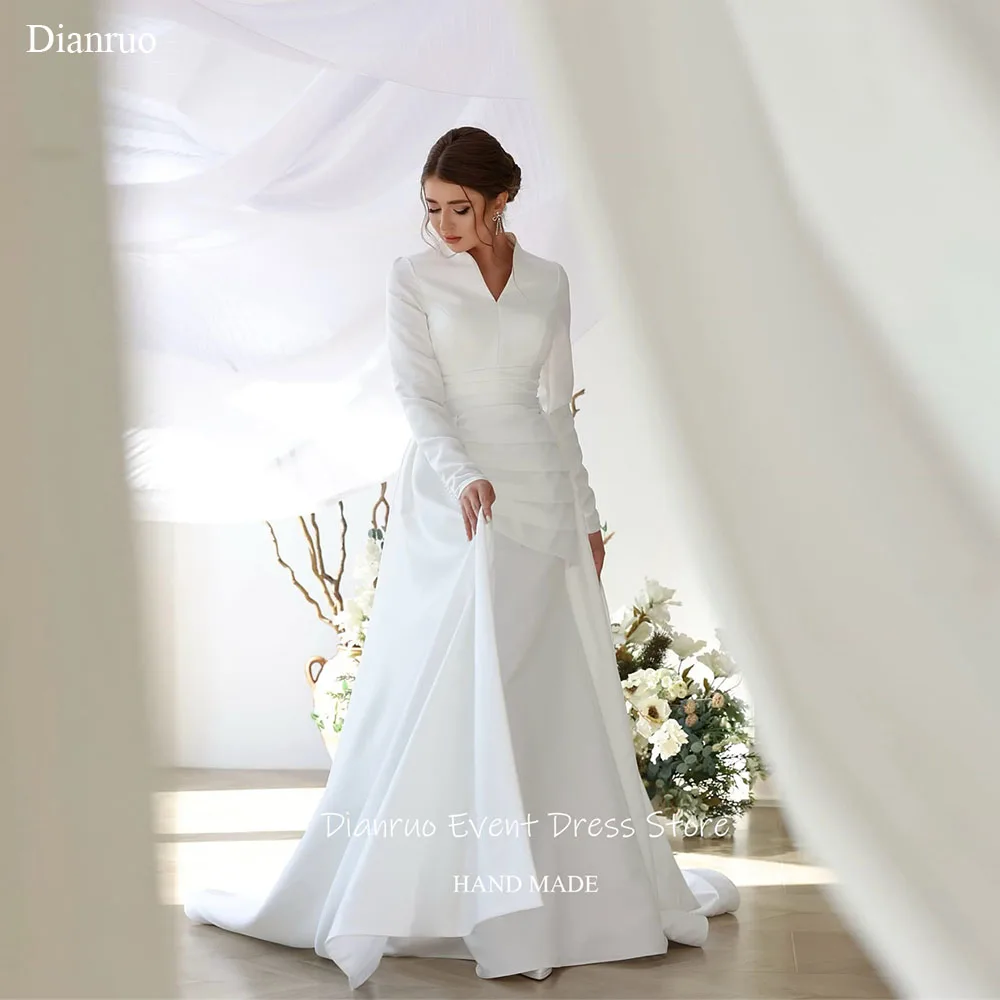 Dianruo Elegante scollo a V abito da sposa bianco in raso A Line Vestido De Noiva romantico abito da sera lungo fino al pavimento increspato personalizzato
