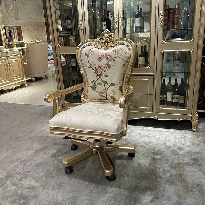 French embroidered book chair, European luxury solid wood soft bag seat cushion, office chair, swivel chair,