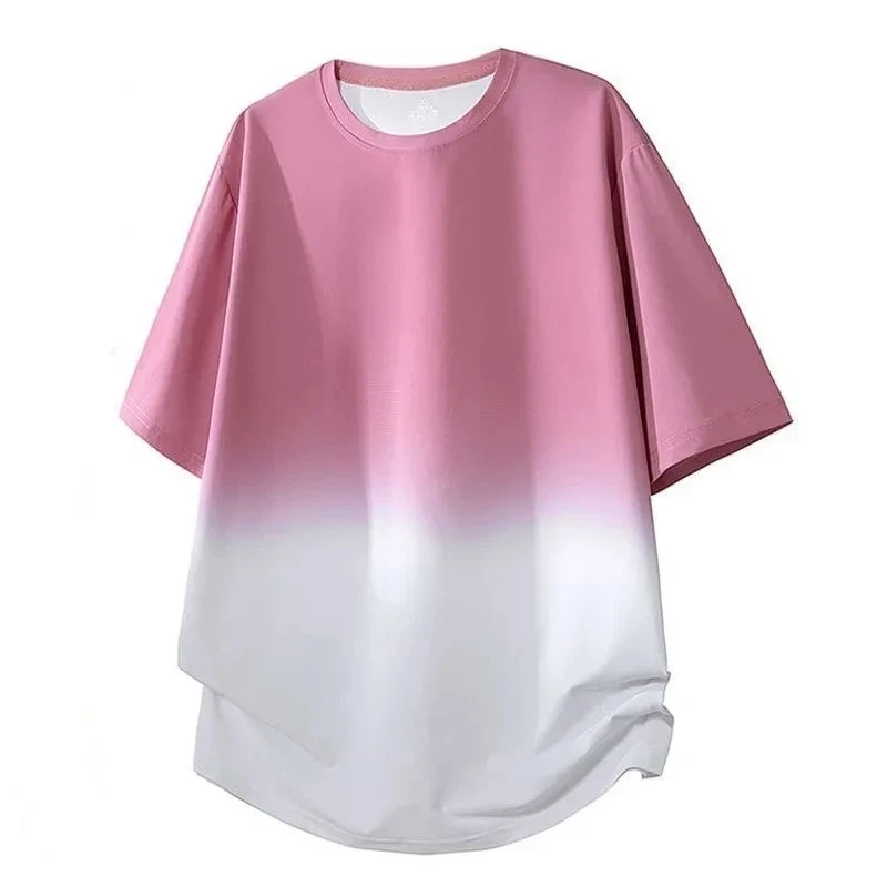 Men Luxury Gradient Ice Silk Short Sleeve T Shirt Summer Cool Quick Dry Antibacterial Breathable Wrinkle Resistant Top S-4XL