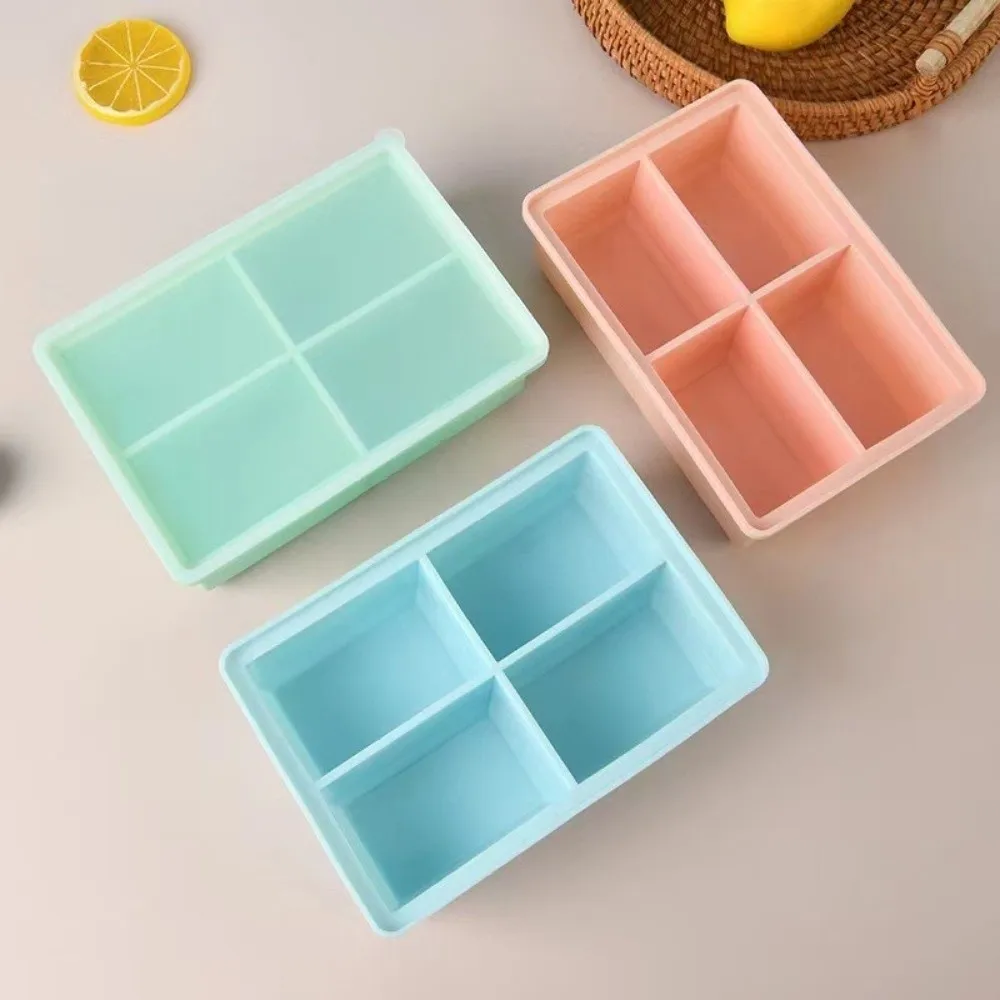 New Silicone Ice Making Mold Leak Proof Lid Square Shape Ice Cube Tray 4 Grid Large Capacity Soup Container Kitchen Use