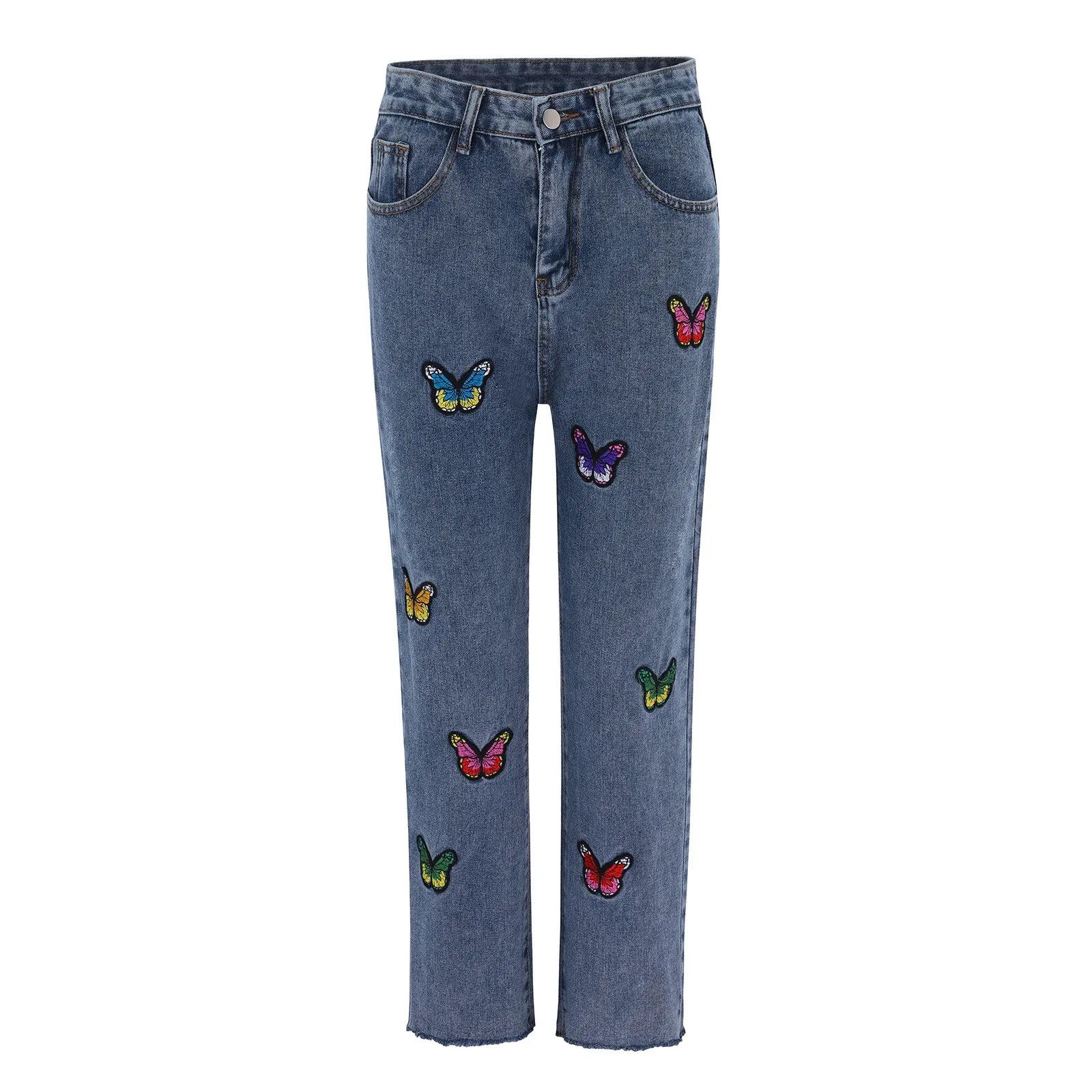 Ladies Fashion Denim Straight Pants Stylish Butterfly Print Cropped Pants Women'S Jeans Fashion Denim Trousers E-Girl Streetwear