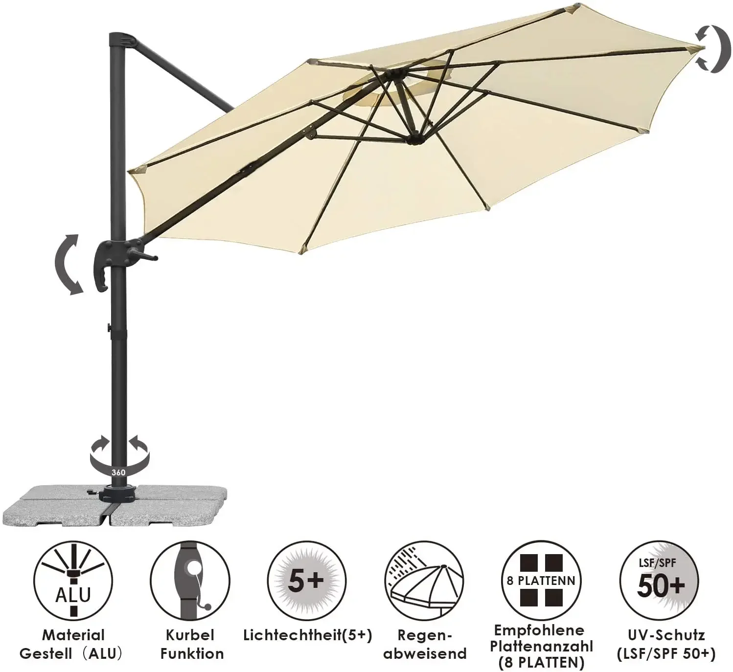 3M Patio Offset Umbrella Outdoor Cantilever Umbrella Hanging Umbrellas UV Protection Canopy with Infinite Tilt Crank Cross Base