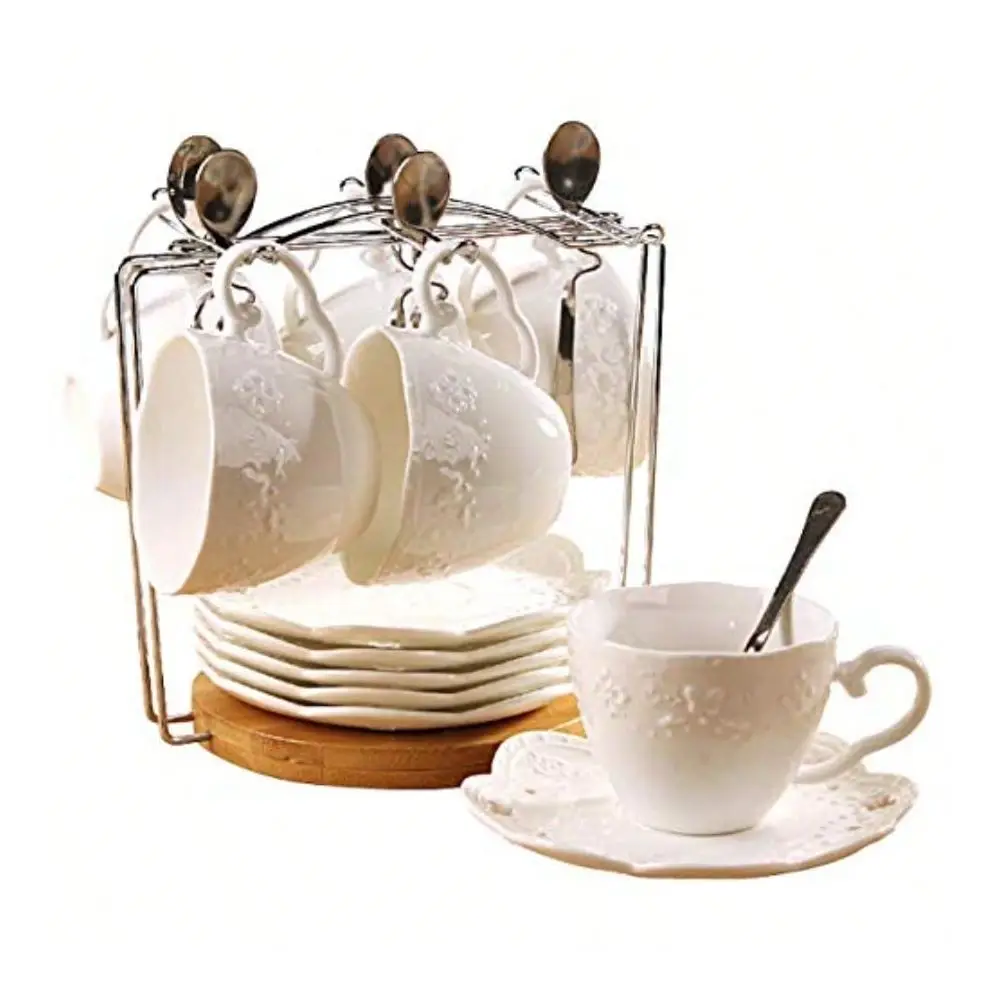 

White Porcelain 5OZ Tea Cup And Saucer Set With Matching Spoon For Morning Coffee Or Afternoon Tea Ideal For Home Use Office Or