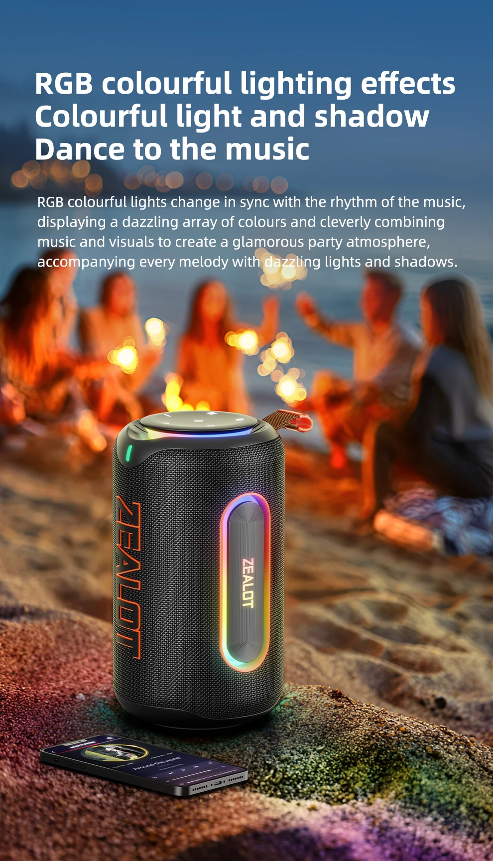 ZEALOT-MP1 Bluetooth-Lautsprecher für den Außenbereich, 60 W Ausgangsleistung, Bluetooth 5.3-Lautsprecher, Stereo-Sound, IPX6 wasserdicht, Micro-SD-Karte, RGB-Licht – Detail 8