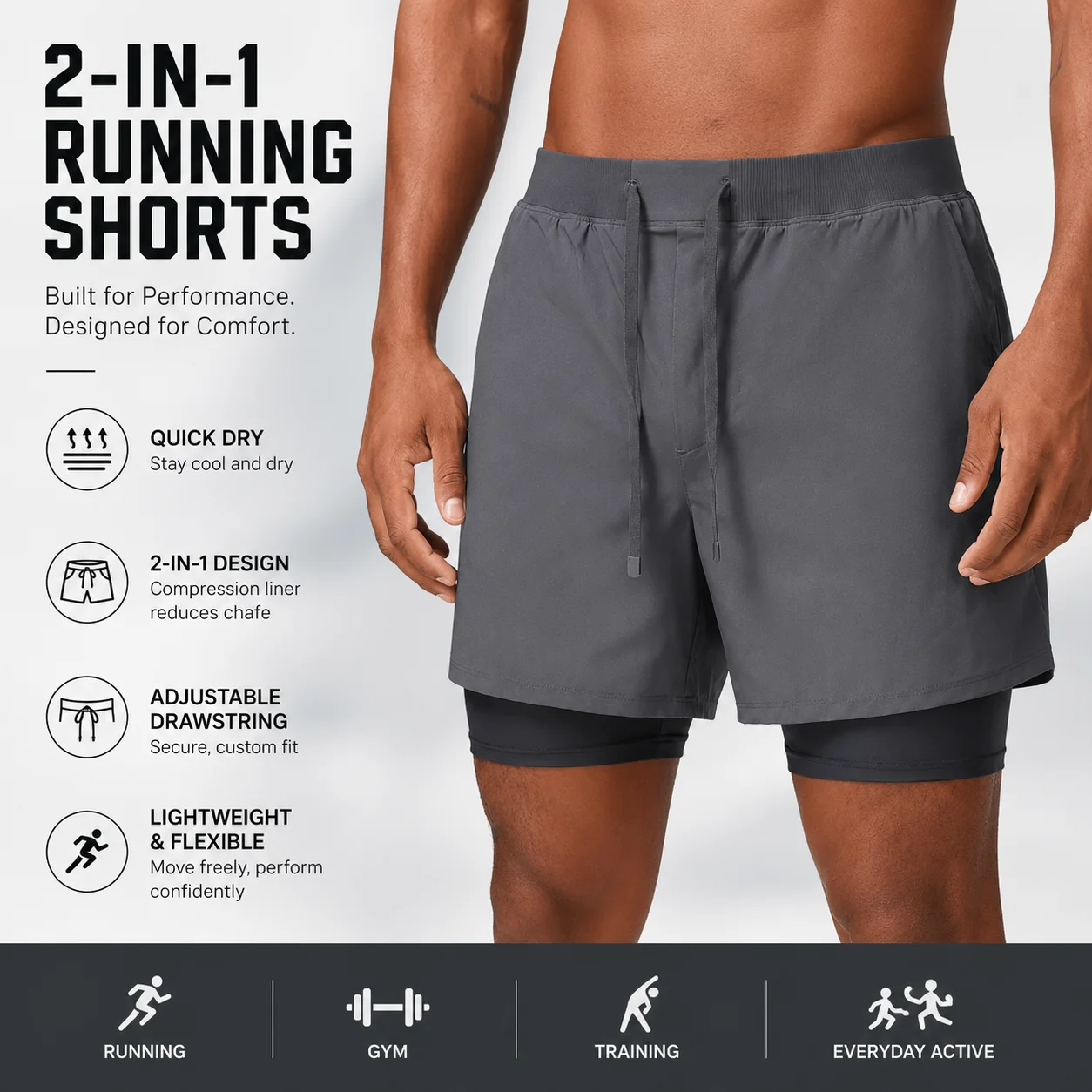 Premium Men's 2-in-1 Running Shorts Quick Dry Lined Gym Workout Shorts with Drawstring Waistband Anti-Chafe Compression Inner La