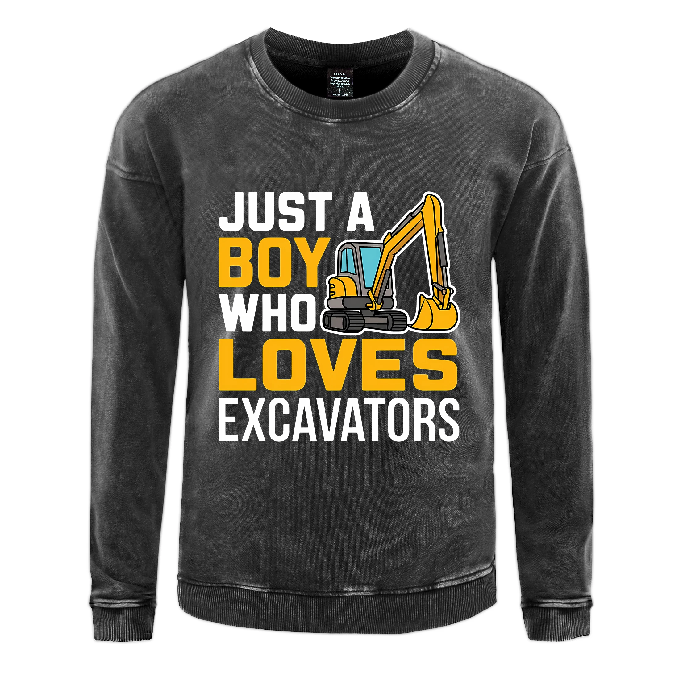 Oversized Men Woman Washed Hoodie Funny Excavators Pattern Prints Sweatshirts Autumn Warm Cotton Pullovers Casual Couple Clothes