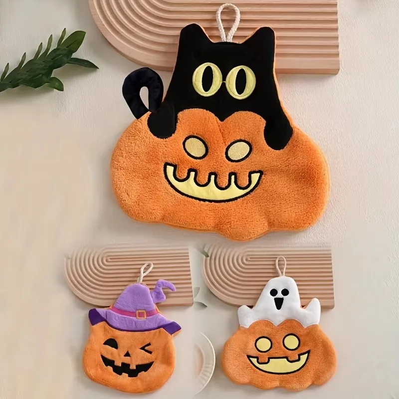 Cute Halloween Themed Hand Towel Pumpkin Black Cat Ghost Design Hanging Absorbent Towel Bathroom Kitchen Decor