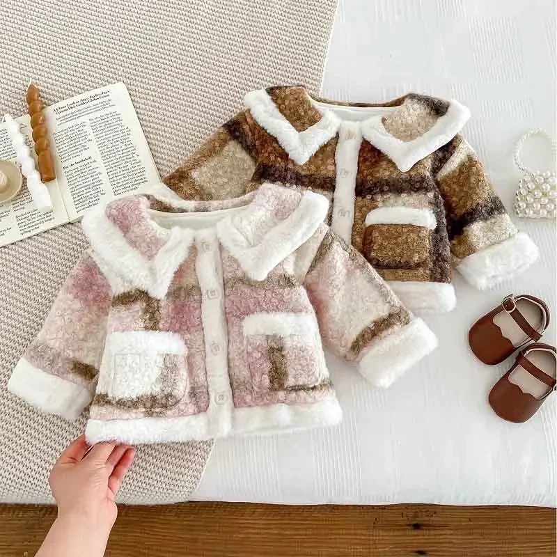 

New Winter Children Girl Coat 0-4Years Princess Kids Long Sleeve Woolen Plaid Fleece Thicken Warm Cardigan Outerwear Clothes INS