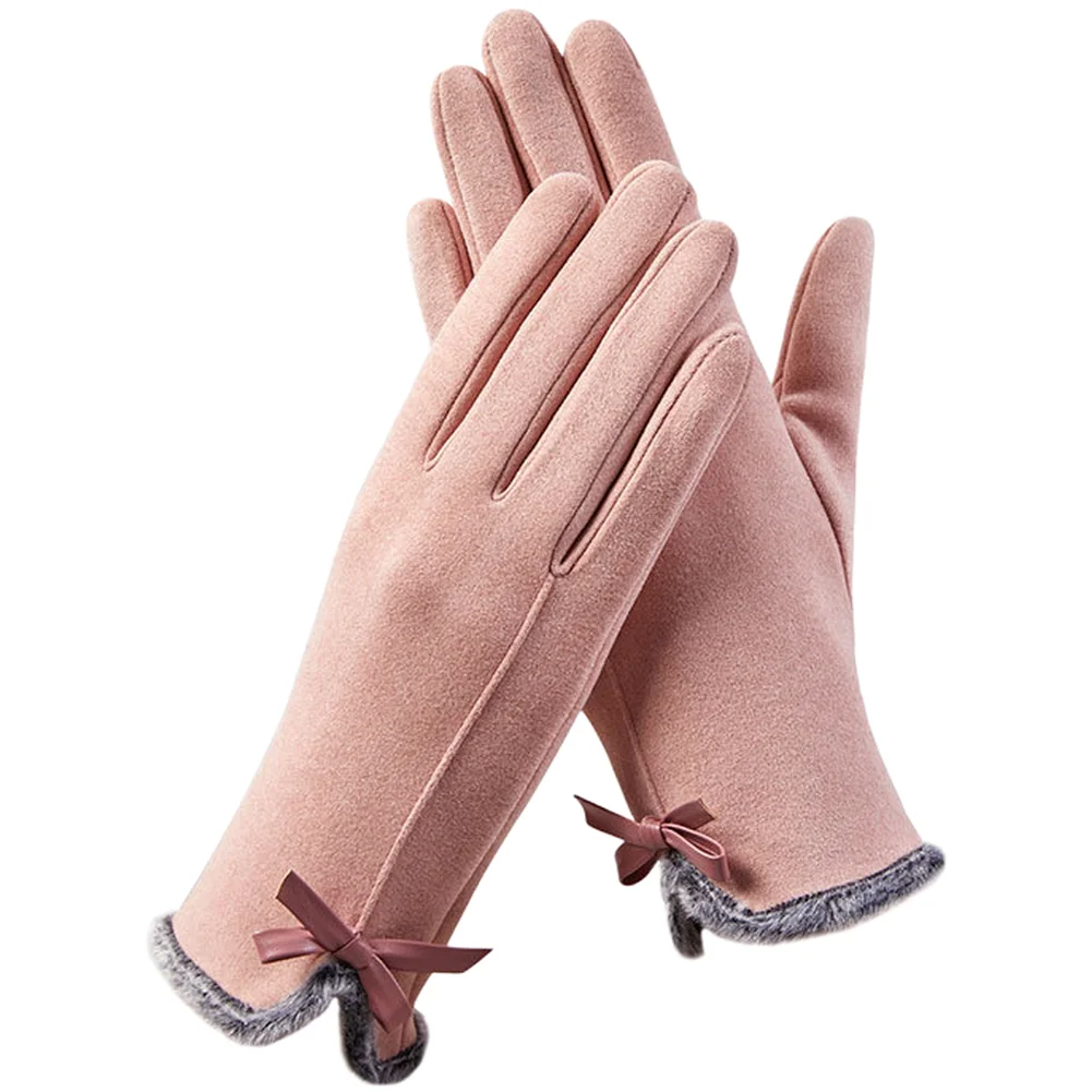 Women's Fleece Lined Winter Gloves Screen Compatible Windproof Bowknot Detail for Driving Walking and Commuting