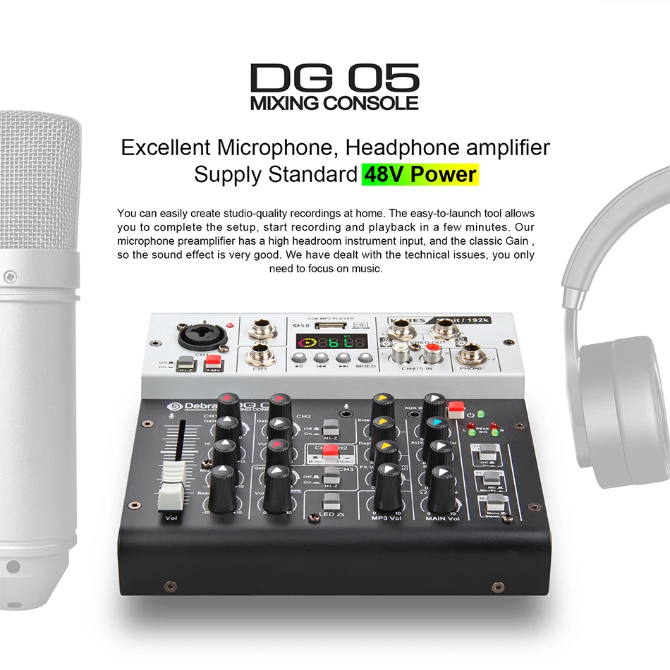 Professional DG05 24bit 192k Sound Card Audio DJ Mixer Studio Quality, 5.0 BT, for PC, Electric Guitar Live Recording, Singing