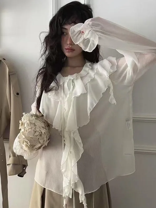 Chic lourd embelli Sa irt femmes printemps nouveau ample mince cloche Sve haut en mousseline de soie Faionable trajet pur commerce électronique