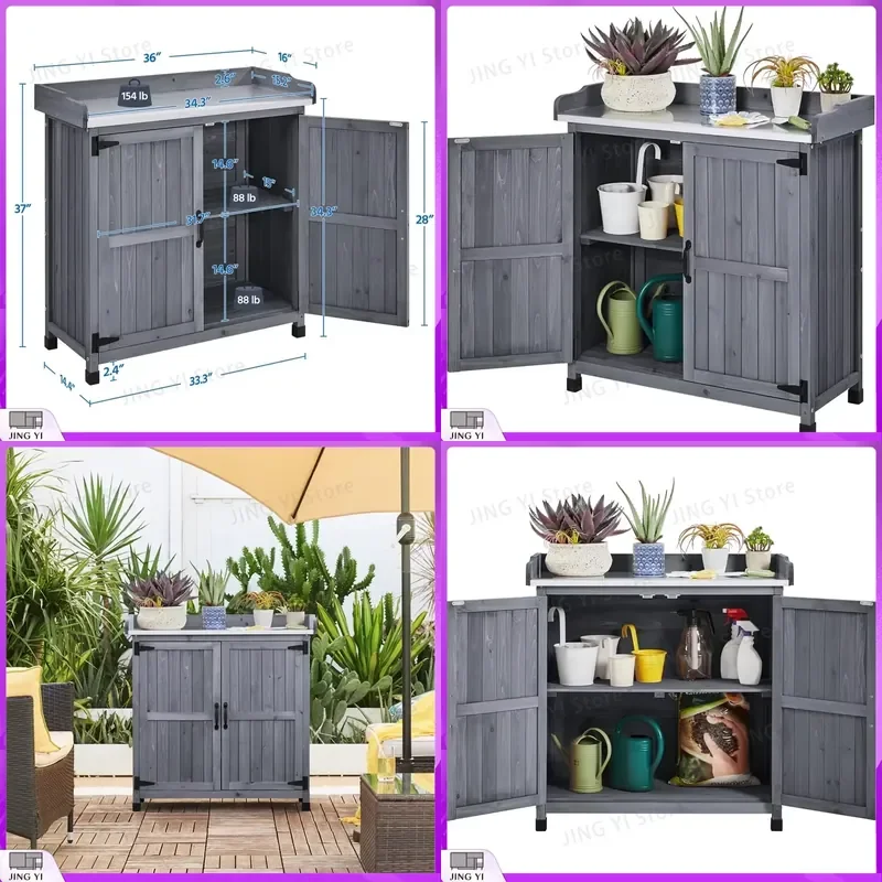 Waterproof Outdoor Garden Storage Cabinet Wooden Tool Shed with Potting Bench Workstation Table for Patio Yard Lawn Equipment