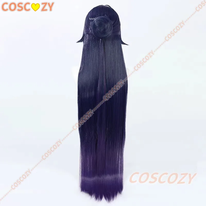 Wig Cosplay Raiden Mei dengan Roti Honkai Impact 3rd Raiden Mei 80Cm Wig Gradien Ungu Rambut Sintetis Tahan Panas + Topi Wig