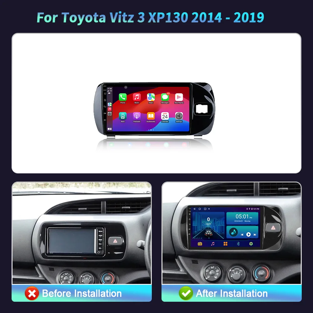 For Toyota Vitz 3 XP130 2014-2019 Android 14 Car Radio Multimedia Video GPS Navigation Wireless BT Carplay Touch Screen Stereo