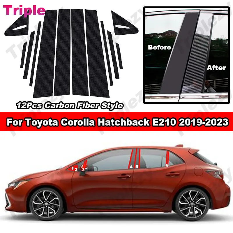 12Pcs Glossy Black/Carbon Fiber Door Side Window Pillar Post Trim Decor Decals For Toyota Corolla Hatchback E210 2019-2023