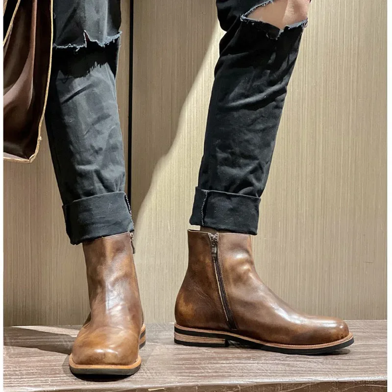 Retro Men's Genuine Leather Motorcycle Boots Brogues Shoes Thick Heel Mid-calf Western Chelsae Ankle Boots Side Zipper Brown