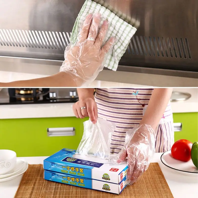 200Pcs/100Pcs Plastic Large Disposable Polyethylene Clear Gloves Food Dealing Cooking Cleaning Kitchen Restaurant BBQ Accessory