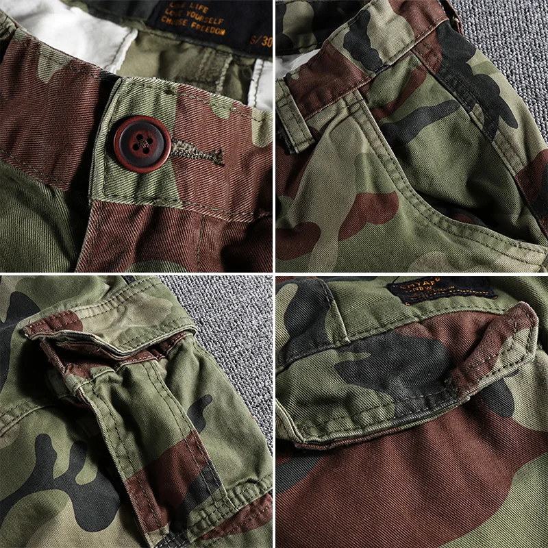 2025 Summer New American Retro Woven Camouflage Cargo Shorts Men's 100% Cotton Washed Multi-Pocket Casual Straight 5-point Pants
