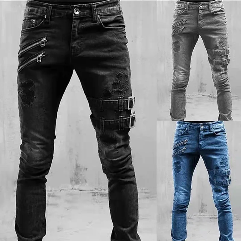 Új Farmernadrág férfiak Csináltatás Deréköv Abroncsozás Áristom streetwear egyenesen Farmernadrág moto Kerékpáros Ösztövér Alkalmi Cajgvászon nadrágot számára férfiak Kék Szürke Ágcsernyő