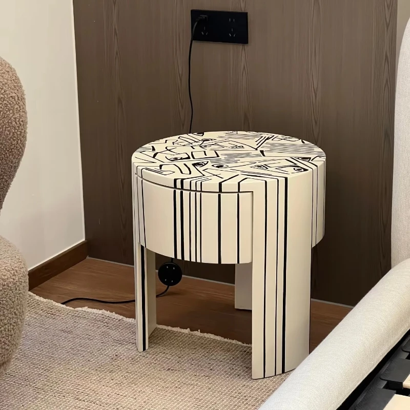 

Style designer solid wood hand-painted bedside table retro art graffiti living room round table