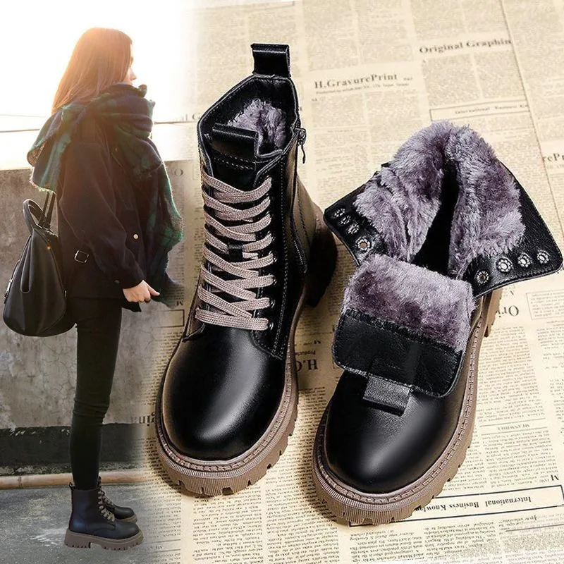 Leather Snow Boots Female 2024 New Plush Thickened Cotton Women's Shoes High Winter Warm Short Boots Warm Non-slip Boots Women