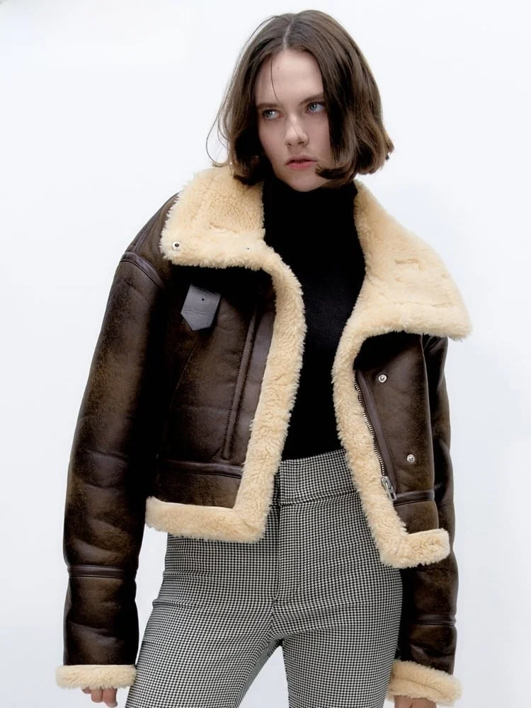 

Double-Sided Fce Lined Jaet Women's Faion Autumn Winter New Sle Breathable Thiened Long Sve Zipper Closure PU M...