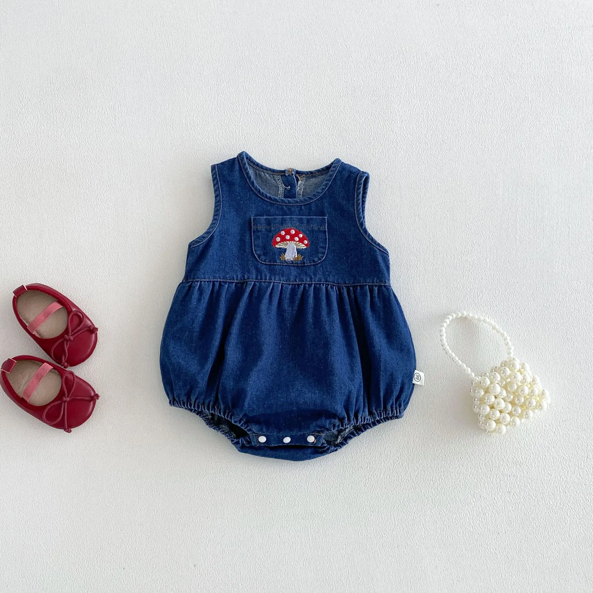 2026 Baby Girl Soft Denim Vest Romper – Mushroom Embroidery Summer Onesie for Newborn Full Moon Outfit