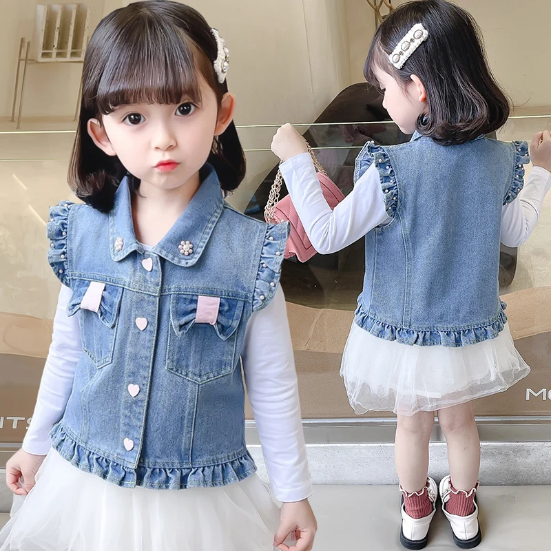 New Fashion Kids Children's Denim Vest with Bow and Pearl for Toddler Girls Denim Waistcoat Baby Lovely Style Sleeveless Jacket