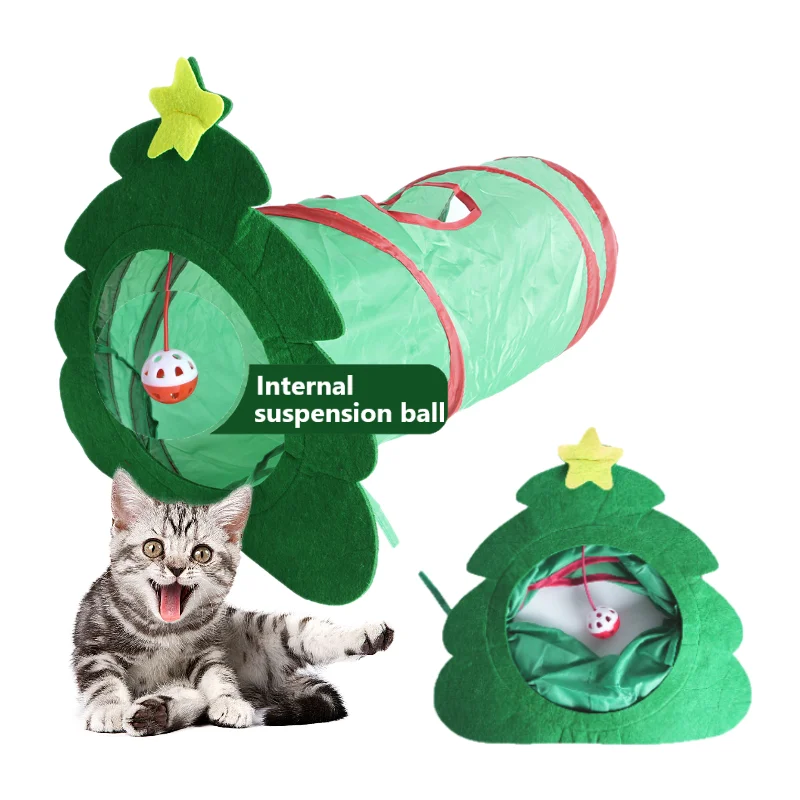 

Folding Cat Tunnel Christmas Tree Tunnel Tube Pet Toys Christmas Cat Tunnel with Balls for Cat Training & Exercise Indoor Toy