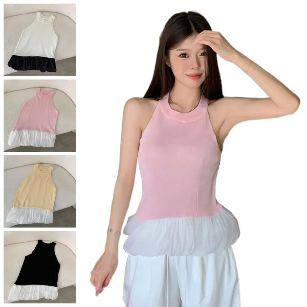 

Ins Style Slim Fit Sleeveless Crop Top Spicy Girl Style Vest Mesh Ruffle Camisole Irregular Sweet Girl's Top Lady