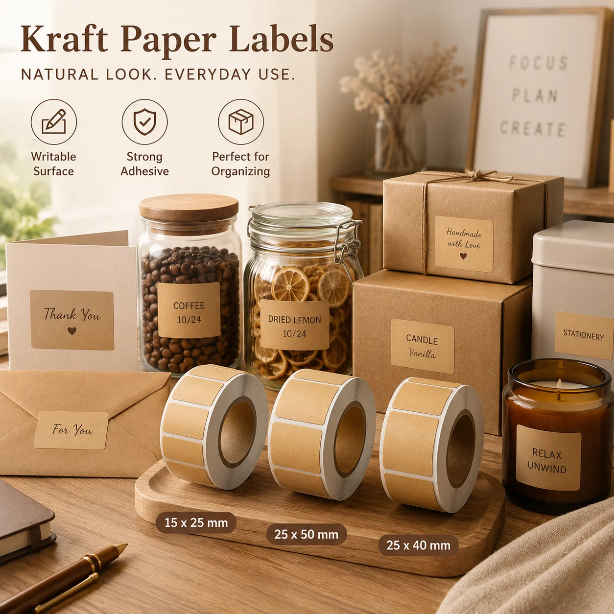 Sticker Label Roll - 260-800개 크라프트 접착 라벨, 캔닝 병용