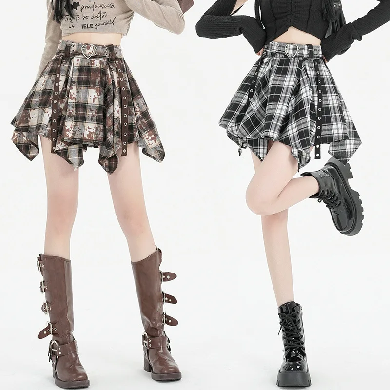 Nowa kolekcja 2025: Seksowne mini spódniczki w kratę khaki z patchworkiem, retro, z wysokim stanem, nieregularne, plisowane, krótkie spódnice streetwear.