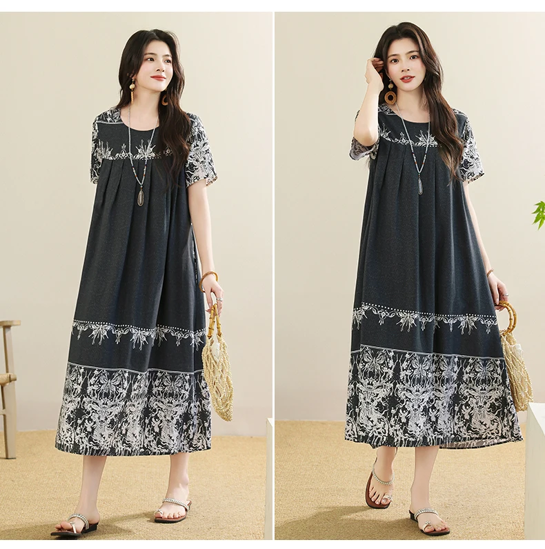 New 2025 Summer Dress For Women Plus Size Dress Casual Short Sleeve Boho Vintage Print Long Maxi Dress Beach Women Clothing
