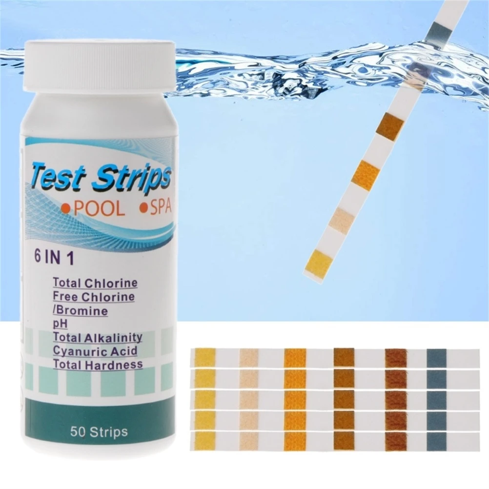 6 in 1 Water Test Strips for Pool Spas Total Chlorine Free Chlorine Bromine Total Alkalinity Cyanuric Acid Total Hardness