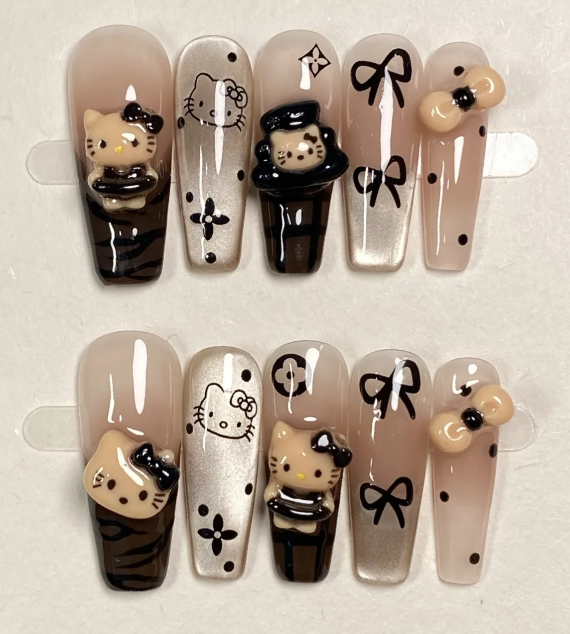 10 قطع. النمط الفرنسي المصنوع يدويًا النقي Y2K. يمكن ارتداء الأظافر المزيفة الساحرة اليومية من سلسلة Maillard Kitty Cat لإعادة استخدام هدايا الحفلات #2