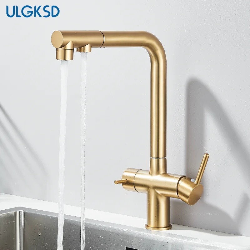 

Матовый золотой выдвижной фильтр, кухонный чистый кран, выдвижной смеситель для воды «два в одном», вращение на 360°, раковина, напиток, кран напрямую