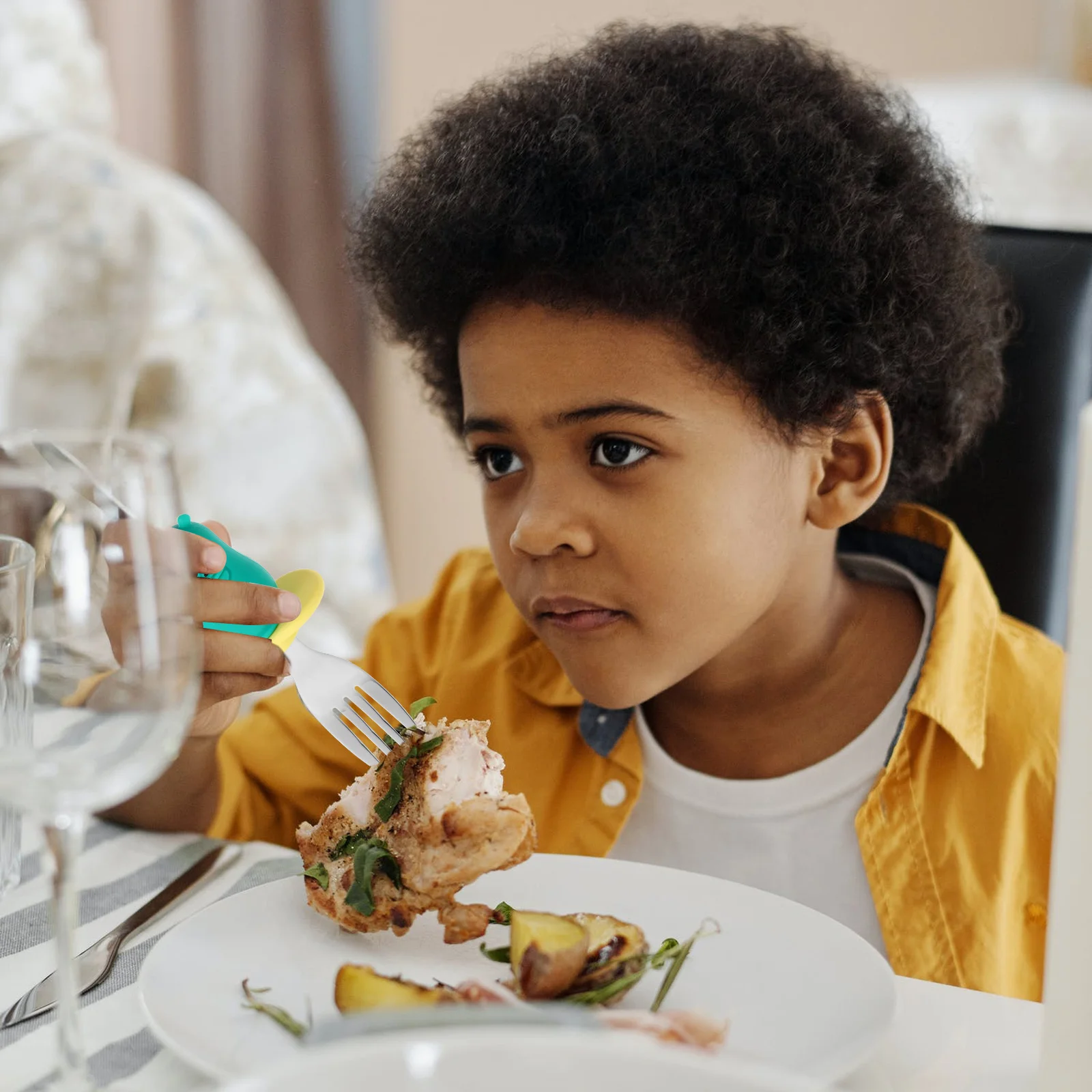 1Set Peralatan Makan Bayi Sendok Garpu Baja Tahan Karat Peralatan Balita Pegangan Anti Selip Bahan Silikon Aman untuk Makan Anak