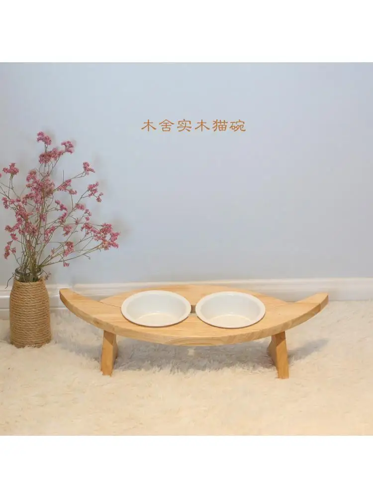 

Solid Wood Cat Bowl Rack, Rice Bowl, Anti-Overturning, Oblique Mouth, Double Bowl, Neck Protector, Cat Supplies