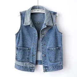 2024 Women's Summer New Original Design Fashion Commute Patchwork Pockets Button Striped Lapel Sleeveless Loose Denim Vest Coats