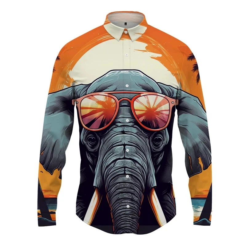 Animal Lapel Men Shirt Elephant 3D Print Mens Women Shirts Casual Long Sleeve Shirts Button Streetwear Oversized Unisex Clothing