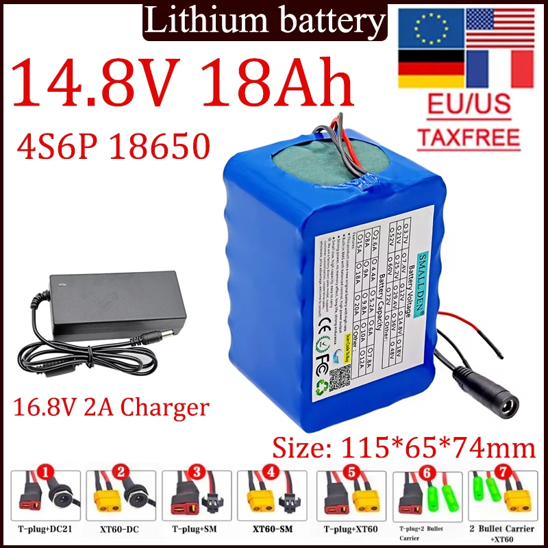 

14.8V 18Ah lithium battery pack 4S6P 18650 18000mah Large Capacity heater miner's lamp amplifier with BMS + 16.8V 2A charger