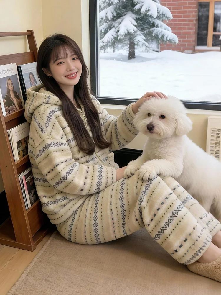 Thiened Fce Conjunto de casaco feminino e calças de pernas largas inverno quente casual sle cobertura total zíper cintura alta escritório doméstico