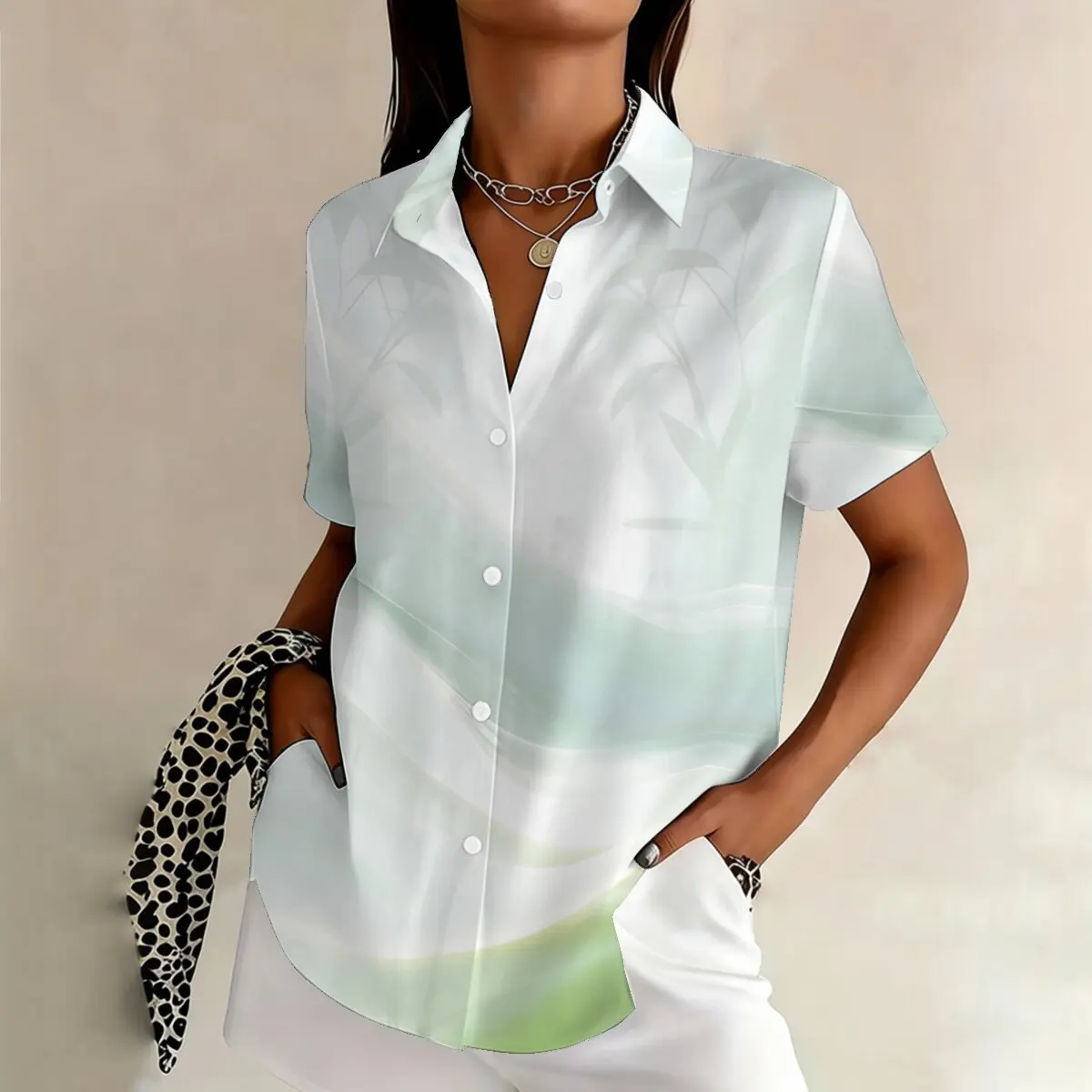 

Women's summer plus-size short-sleeve shirt, tie-dye design, retro art style, street fashion, suitable for workplace and casual