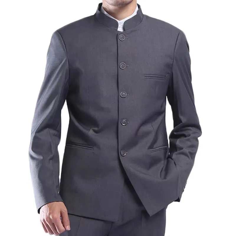 Chinese Style Men Gray Tunic Suit Jacket Stand Collar Single Breasted Business Casual Male Blazers