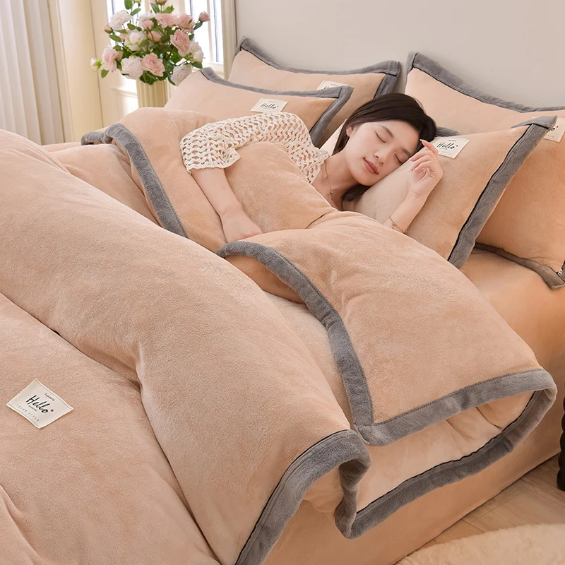 Solid Color Double Sided Milk Velvet Duvet Cover Set Autumn Winter Thickened Warm Soft Plush Bedding Set for Single Double Bed