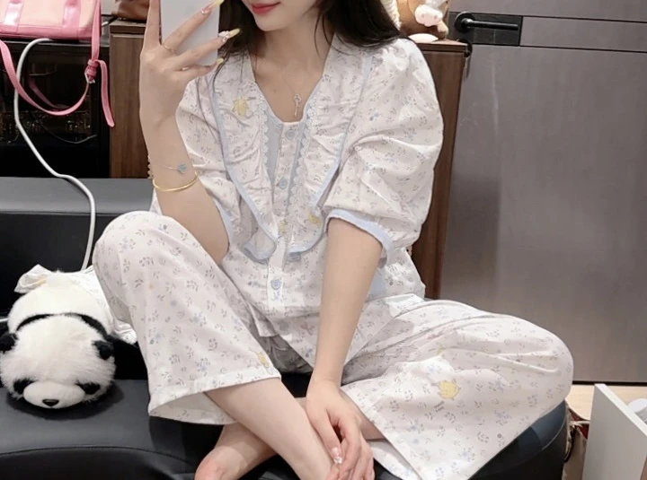 2026 Small Fresh and Sweet Pure Cotton Pajamas Women's Home Wear Set Can Be Worn Casually and Slimming