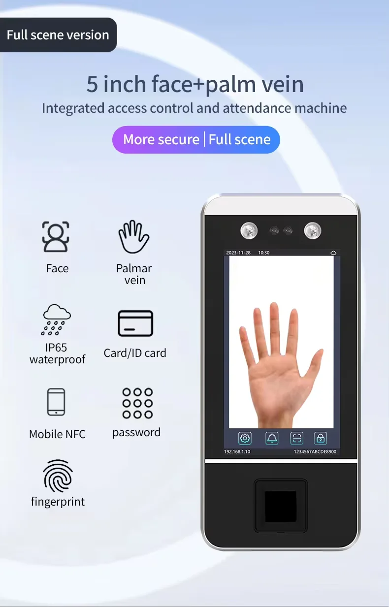 Waterproof 5.5 Inch Display Face Recognition Palm Vein Biometric Fingerprint Smart Door Access Control Time Attendance System